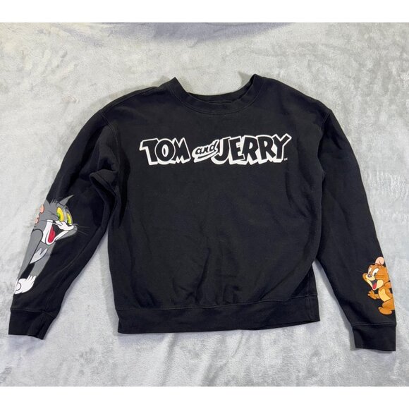 Tom & Jerry Black Sweatshirt Medium Pullover  With Sleeve Graphics Fleece-Lined - Picture 9 of 16